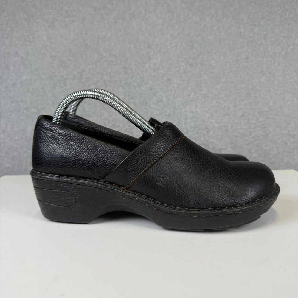 Born b.o.c Womens Peggy Clog Size 10 WIDE Black Leather Wedge SlipOn Shoe Comfy